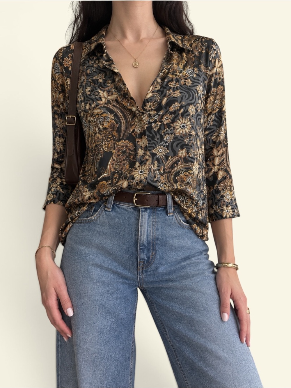 Charter Club Baroque Gold Paisley Tunic Top Women Small 3/4 Sleeve Metallic Y2K